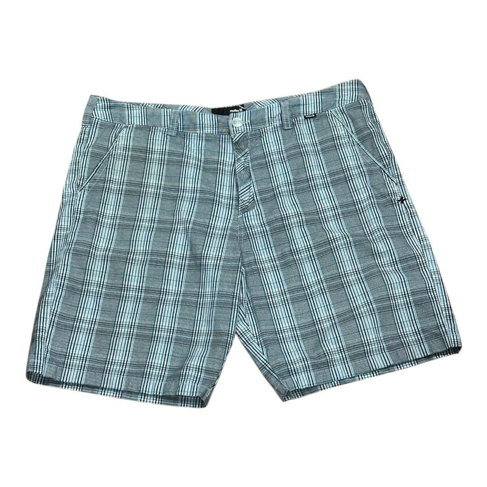Hurley Shorts Mens 36 Blue Gray Plaid Walkshort Casual Flat Front Golf